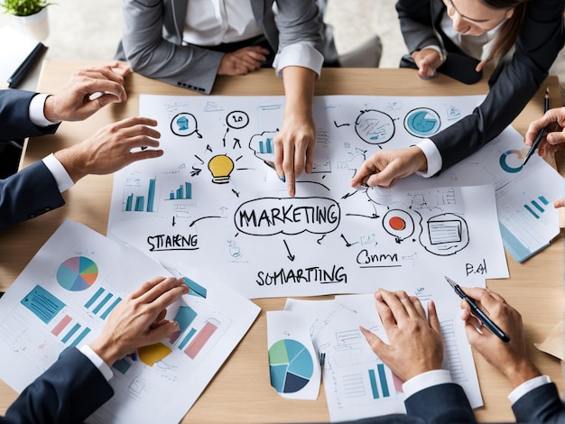 a group of people are sitting around a table with a diagram that says marketing