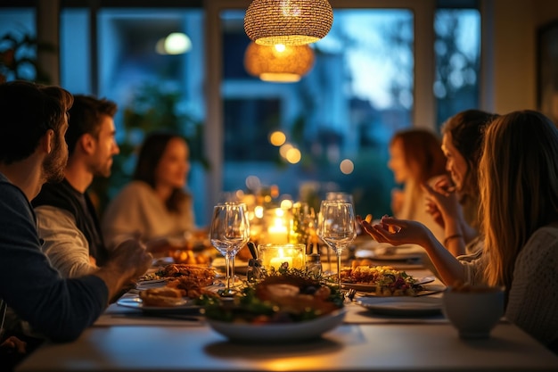 Photo a group of people are sitting around a table with food and wine