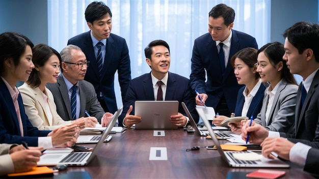 a group of people are sitting around a table with a laptop on it