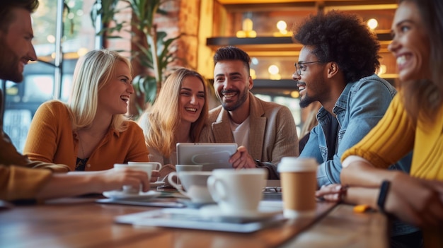 A group of people are sitting around a table with laptops AIG41