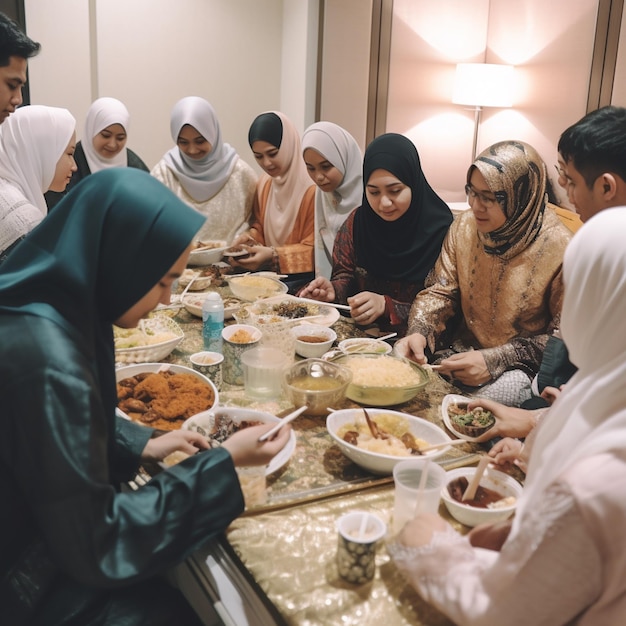 A group of people are sitting around a table with a plate of food