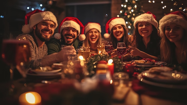 Photo a group of people are sitting around a table with santa hats on it