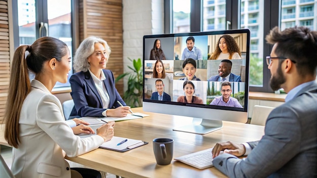 a group of people are sitting around a table with a screen showing a group of people