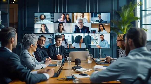 Photo a group of people are sitting around a table with a screen that says quot business quot