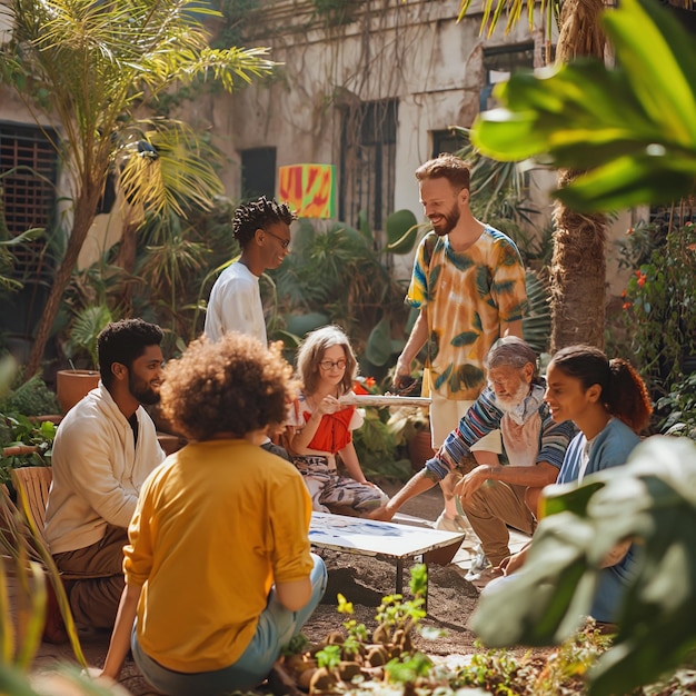 Photo a group of people are sitting around a table with a sign that says quot chem quot