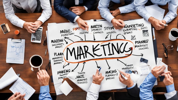 a group of people are sitting around a table with a sign that says marketing