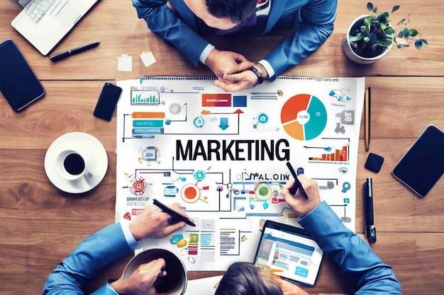 a group of people are sitting around a table with a tablet and a sign that says quot marketing quot