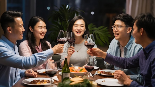 a group of people are sitting around a table with wine glasses