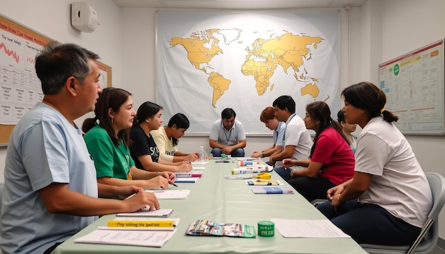 a group of people are sitting around a table with a world map on it