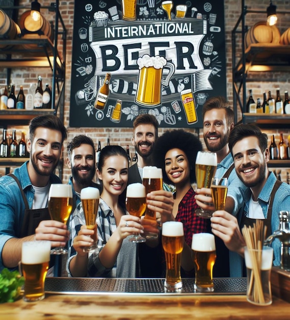 a group of people are sitting at a bar with beers in front of them