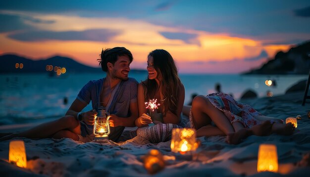 A group of people are sitting on the beach at night holding cups and laughing