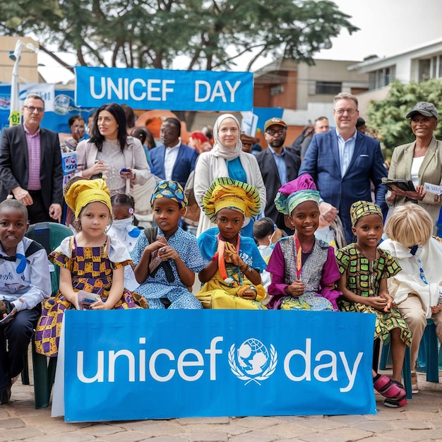 Photo a group of people are sitting on a bench with a sign that says  unicy day