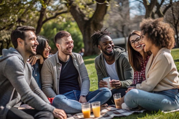 Photo a group of people are sitting on a blanket and having a drink