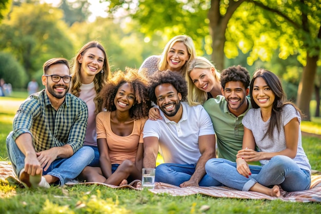 a group of people are sitting on a blanket and one has a glass of water in front of them