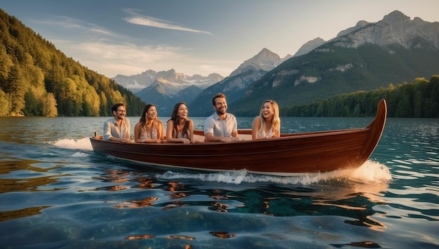 a group of people are sitting in a boat with mountains in the background