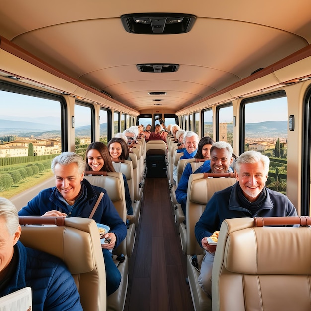 Photo a group of people are sitting on a bus with one of them is eating