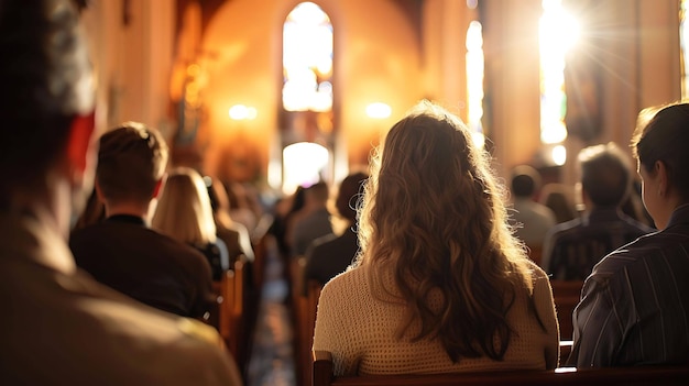 A group of people are sitting in a church The light from the stained glass windows is shining down on them