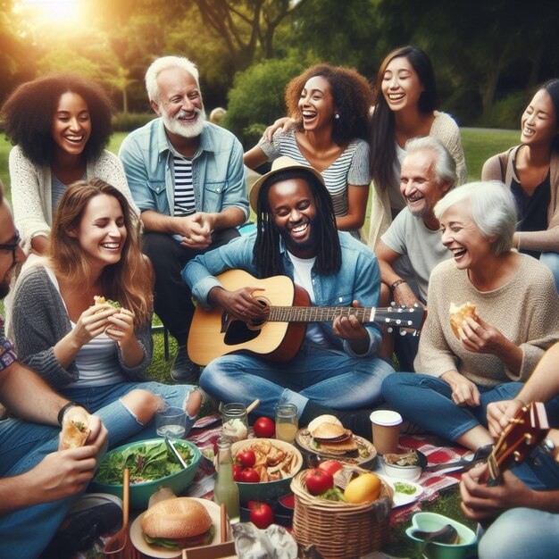 a group of people are sitting in a circle with a guitar