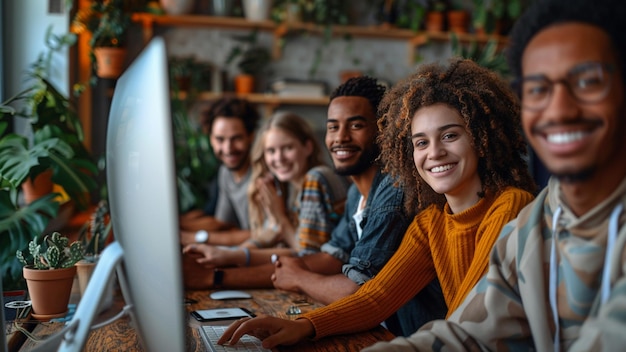 a group of people are sitting at a computer and one of them is wearing an orange scarf