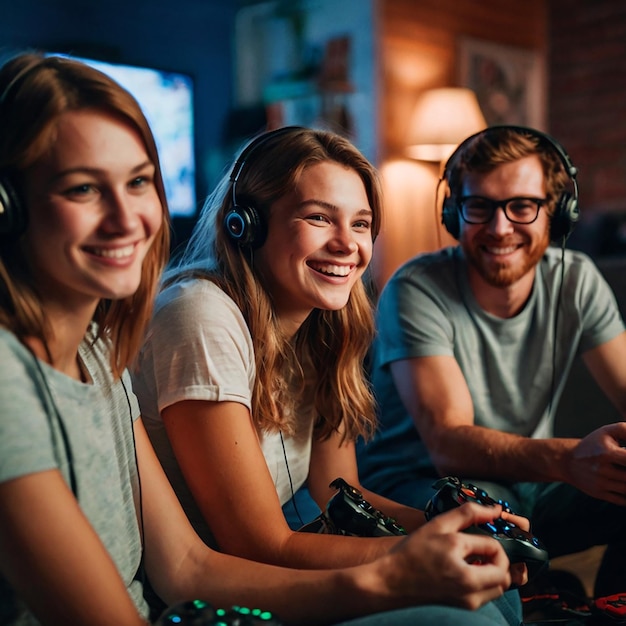 a group of people are sitting on a couch and one of them has a controller in his hand