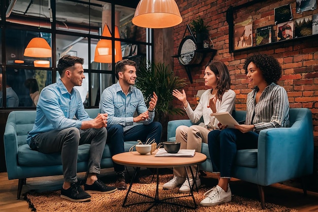 a group of people are sitting on a couch and one of them is wearing a blue shirt