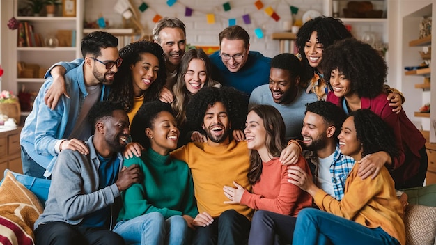 a group of people are sitting on a couch and one of them is wearing a sweater