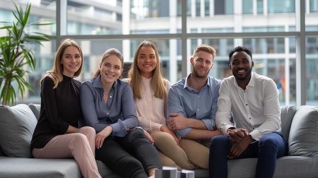 a group of people are sitting on a couch and smiling