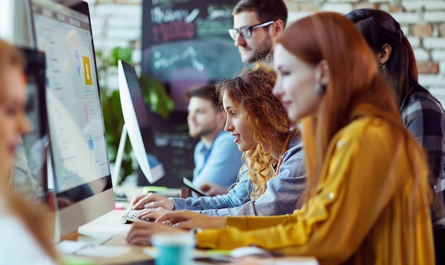 a group of people are sitting at a desk with a computer and a sign that says  financial services