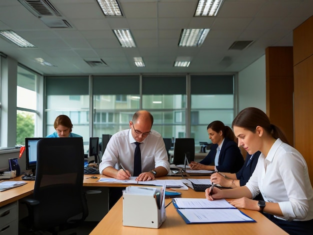 a group of people are sitting at a desk with a laptop and papers on it