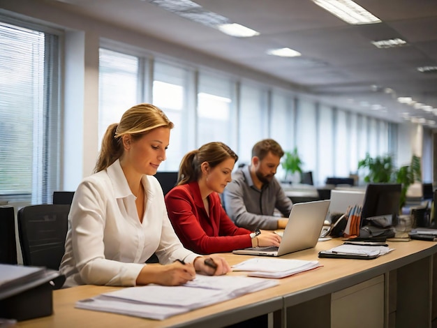 a group of people are sitting at a desk with laptops and papers on it