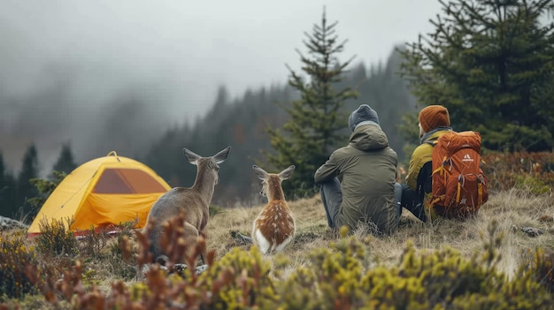 a group of people are sitting in a field with a tent and a deer