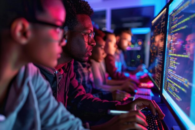 Photo a group of people are sitting in front of a computer monitor with the word  on it