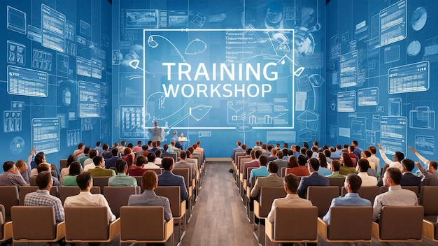 a group of people are sitting in front of a screen that says training workshop