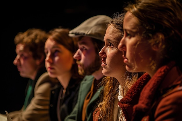 a group of people are sitting in front of a stage with one wearing a red scarf