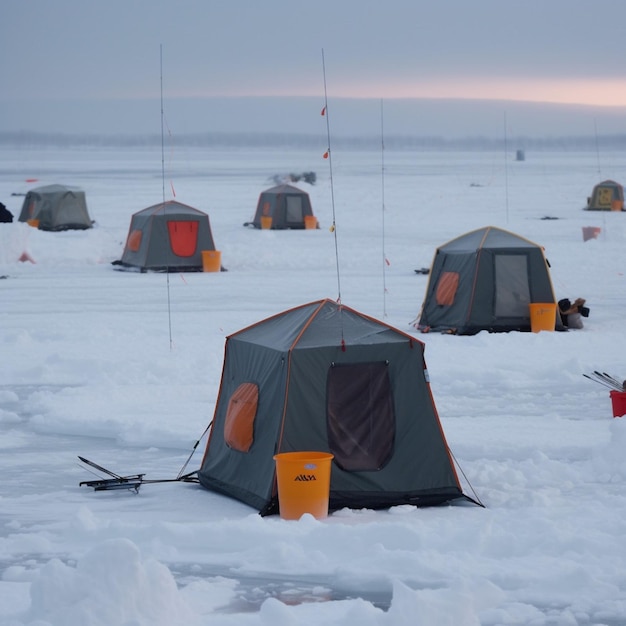 A group of people are sitting in a frozen lake with a bucket that says ice fishing.