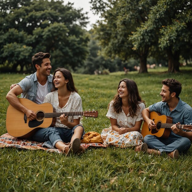 a group of people are sitting on the grass one of which is playing guitar