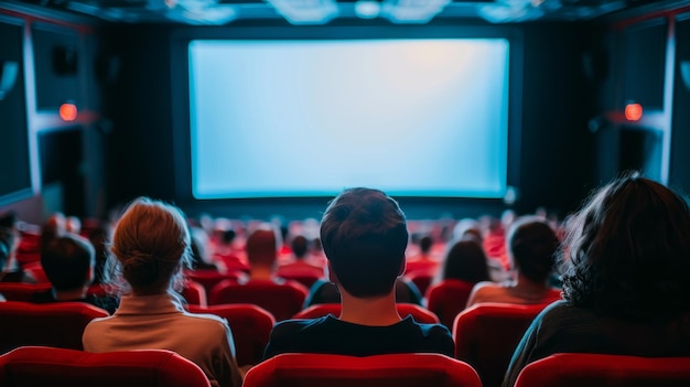 A group of people are sitting in a movie theater watching a film