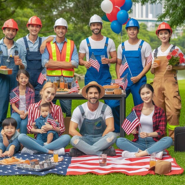 Photo a group of people are sitting on a picnic blanket with an american flag on it