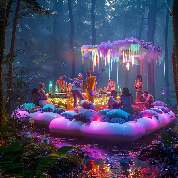 a group of people are sitting on a raft with icicles hanging from the ceiling