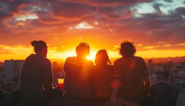 Photo a group of people are sitting on a rooftop enjoying the sunset