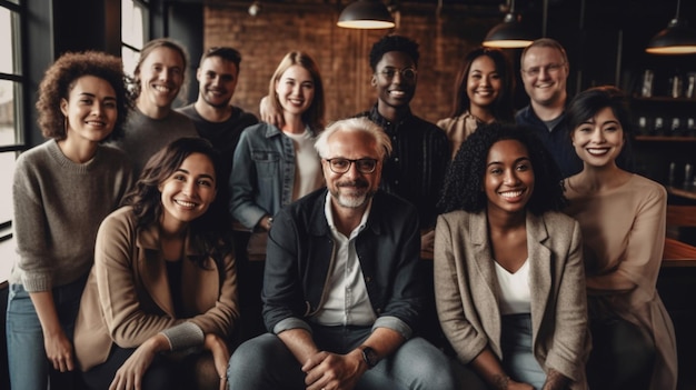 A group of people are sitting in a room with a brick wall behind them.