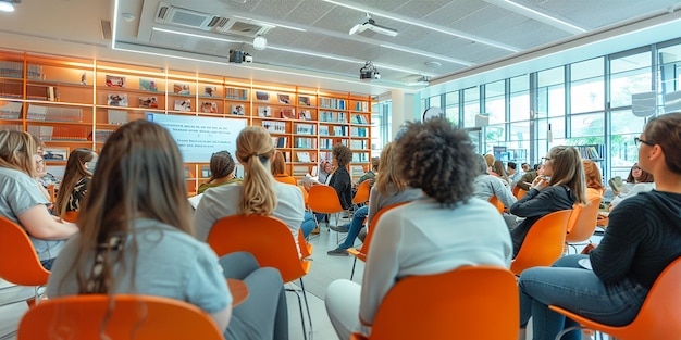 Photo a group of people are sitting in a room with orange chairs and a white board with the words  presentation  on the wall