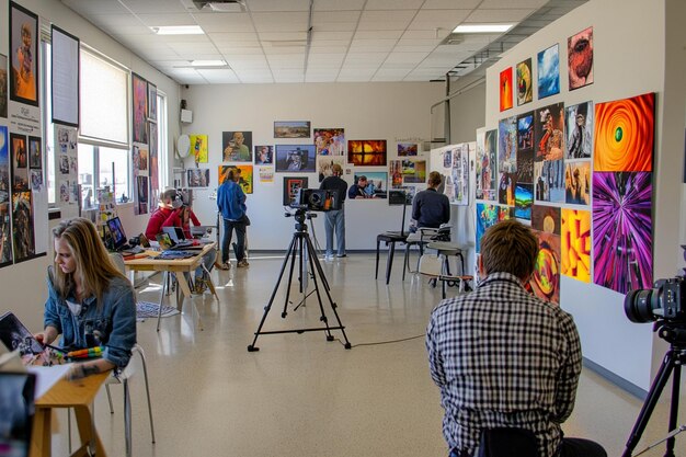 Photo a group of people are sitting in a room with a projector on the wall