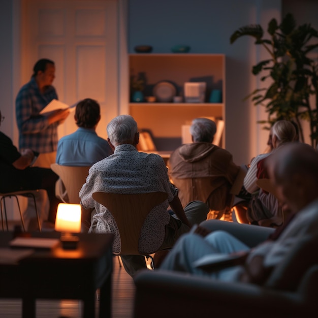 Photo a group of people are sitting in a room with a white door that says quot the word quot on it