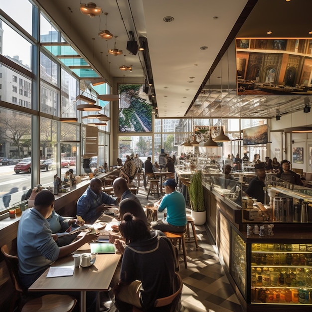 A group of people are sitting at a table in a coffee shop.