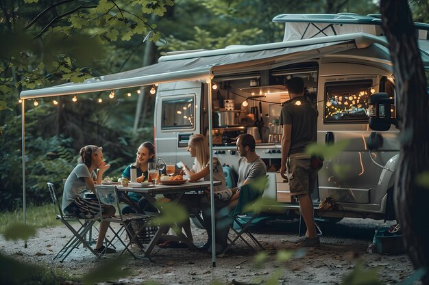 a group of people are sitting at a table outside a camper