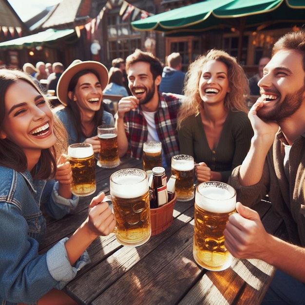 Photo a group of people are sitting at a table with beers