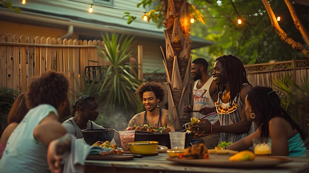 a group of people are sitting at a table with food and drinks