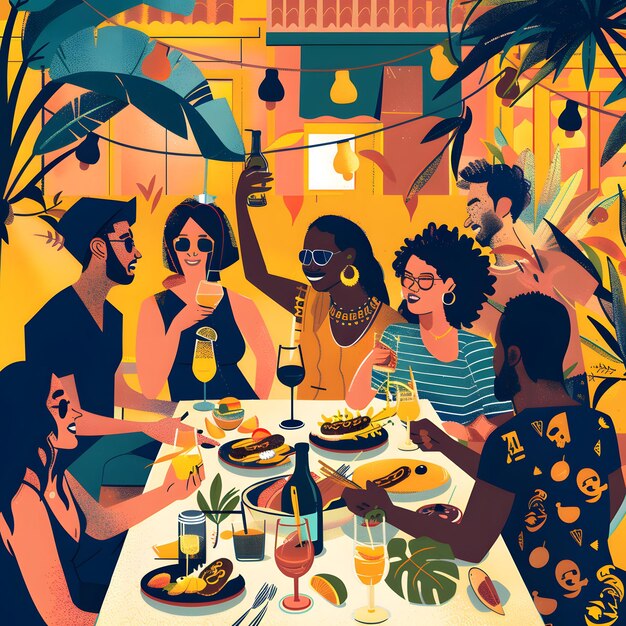 a group of people are sitting at a table with food and drinks