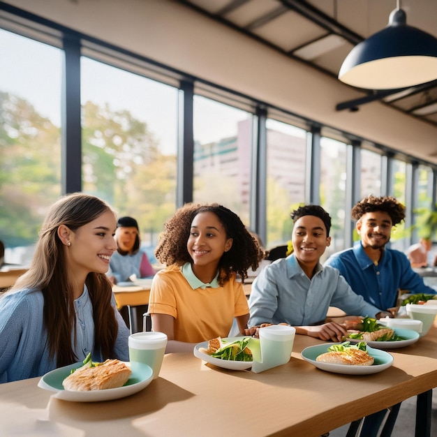 a group of people are sitting at a table with food